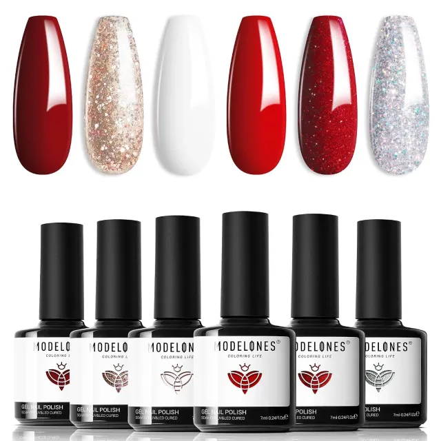 Modelones Fall gellackset 6-pack röd glitter