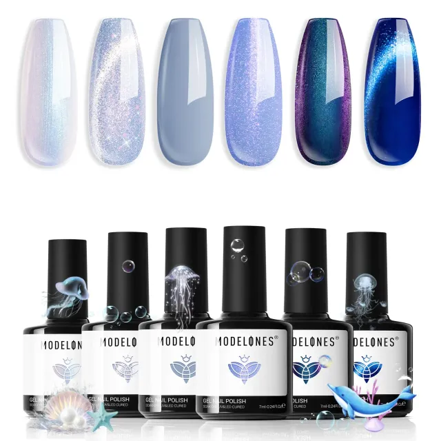 modelones Blue Gala gellack 6-pack cat eye blå