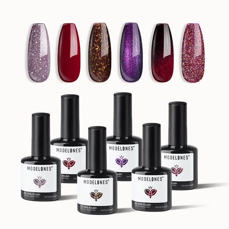 modelones Grape Secrets gellackset 6-pack lila röd glitter