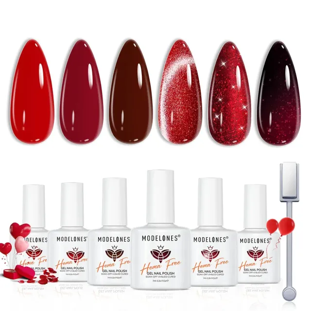 Modelones Red Cat Eye gellackset röd 6 färger HEMA-fri