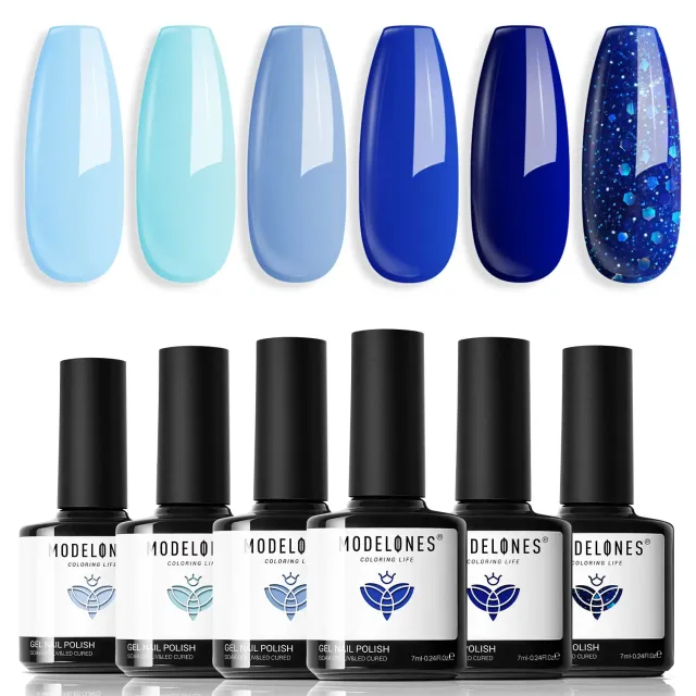 Modelones Blue gellackset 6-pack havsblå nyanser glitter