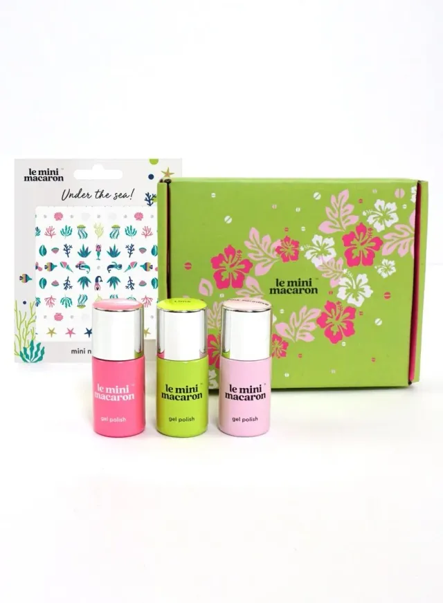 Le Mini Macaron Island Breeze gellackset trio + stickers skimrande