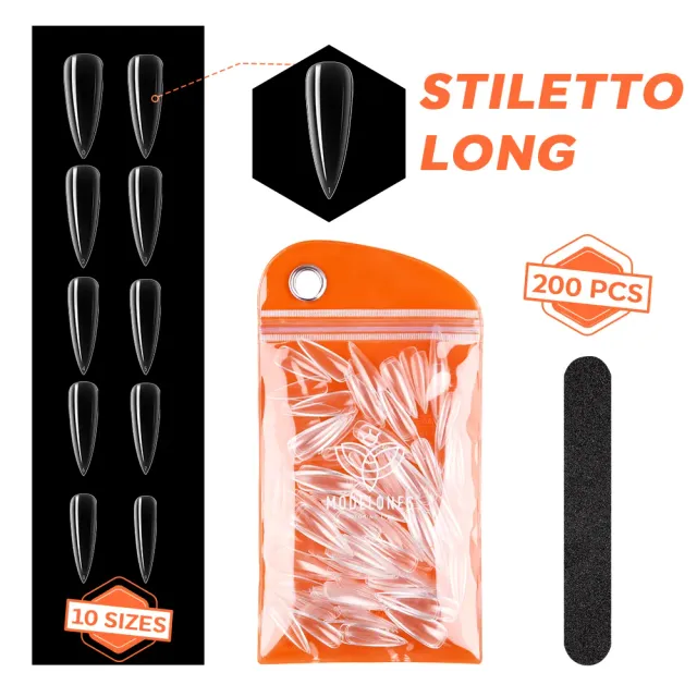Modelones Stiletto Clear nageltips lång 200-pack