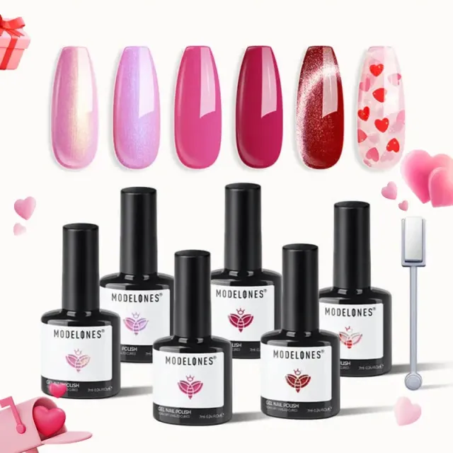 Modelones Fall in Love gellackset 6 färger glitter rosa
