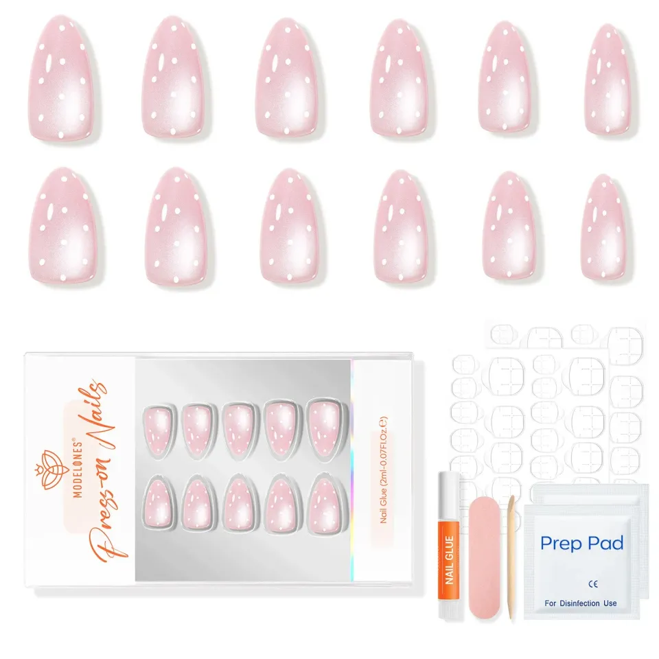 modelones Pink Milky Dots lösnaglar rosa prickig