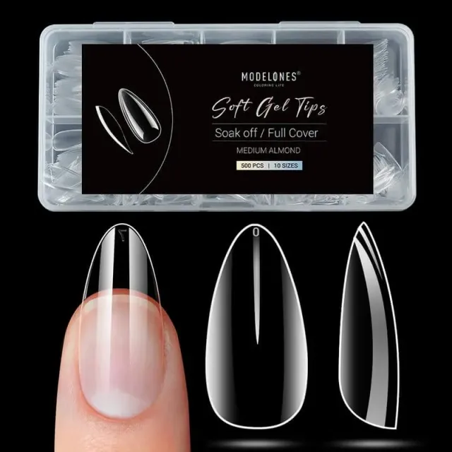 modelones Full Cover nageltippar medium almond clear