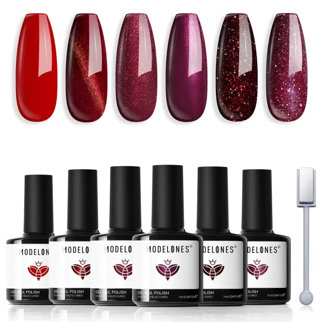 Modelones Cat Eye gellackset 6x7 ml röd glitter magnet