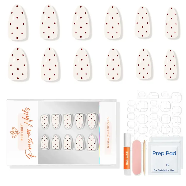 modelones Cream Dots lösnaglar beige röd prickig