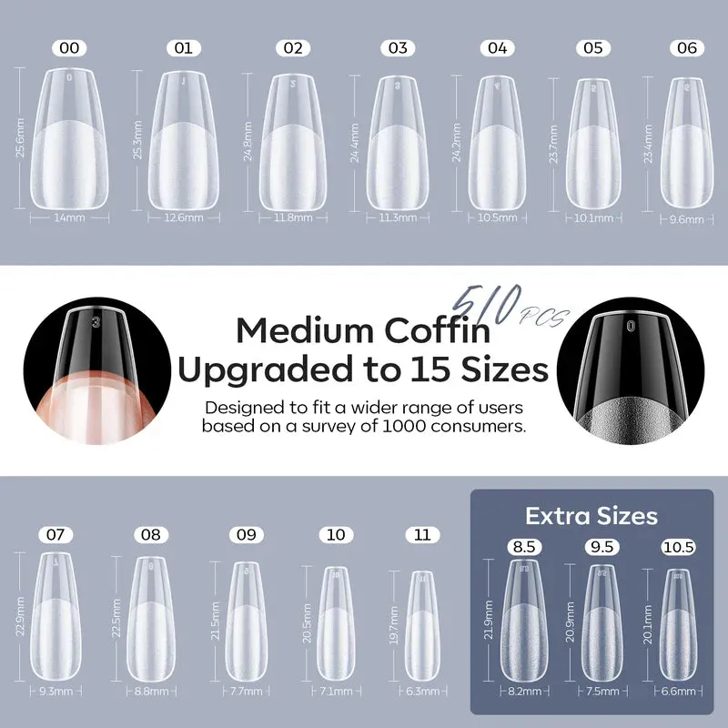 Modelones Medium Coffin nageltippar kit 510-pack lång