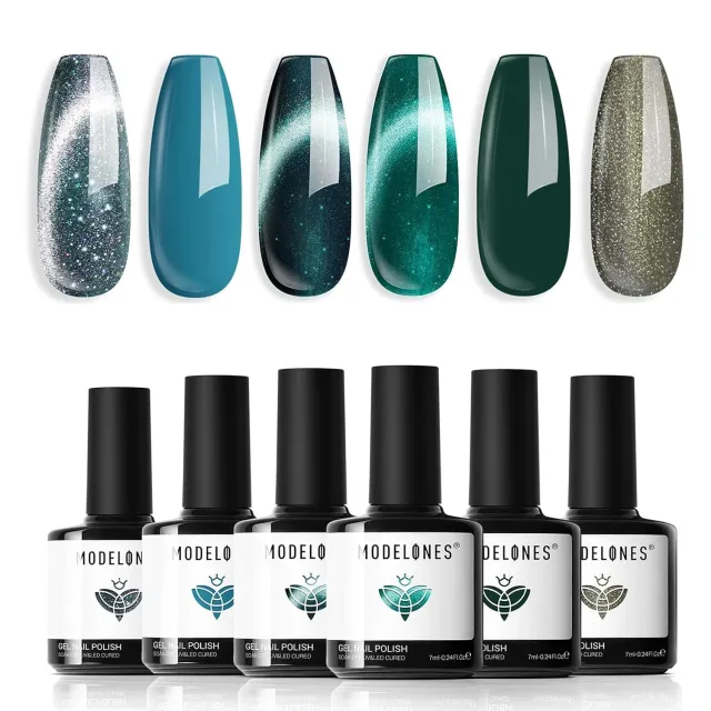 Modelones Cat Eye gellack 6x7ml grön glitter